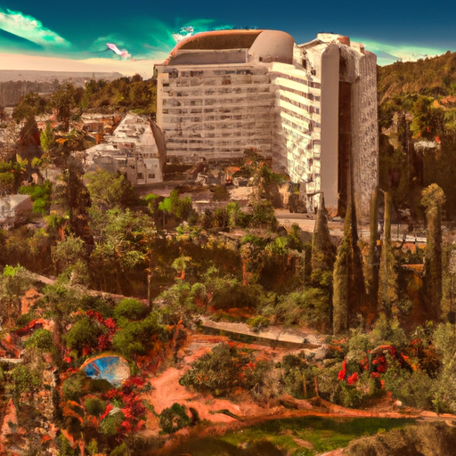 תמונה של מלון יוקרה באזור ירושלים, מוקף עצי דקל וגנים יפים.