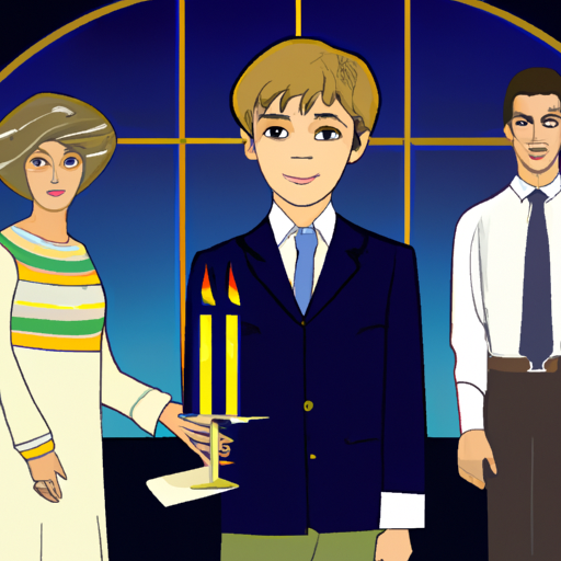 נער בר מצווה עומד עם הוריו, מחזיק נרות דולקים בטקס מיוחד.