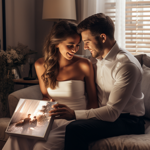 זוג מאושר פותח מתנת תמונה אישית עם תמונה מיום חתונתם